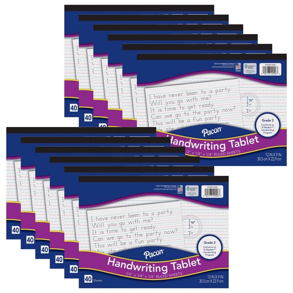 Handwriting Tablet, White, 1/2 in x 1/4 in x 1/4 in Ruled Long, 12in. x 9in., 40 Sheets, 12PK